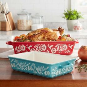 Sweet Romance Blossoms Red, Teal 2-Piece Rectangular Ceramic Baking Dish